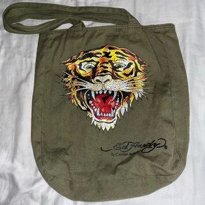 ED HARDY Olive Green Rhinestone Tiger Canvas Tote/Shoulder Bag